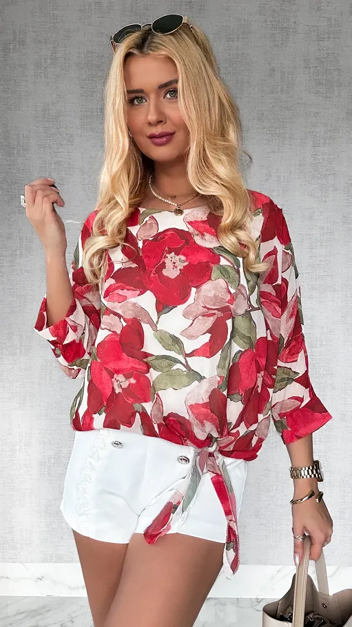 Bluzka w czerwone kwiaty z bocznym wiązaniem ONE SIZE - P447A
