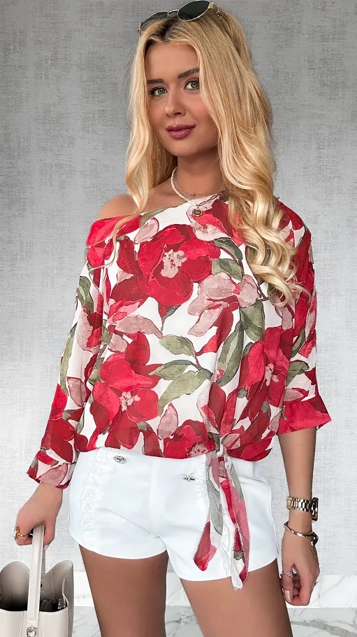 Bluzka w czerwone kwiaty z bocznym wiązaniem ONE SIZE - P447A