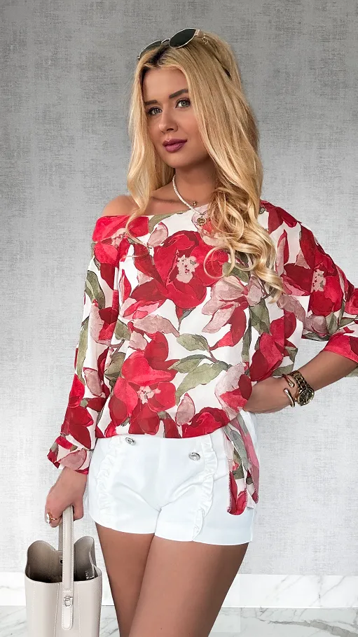 Bluzka w czerwone kwiaty z bocznym wiązaniem ONE SIZE - P447A