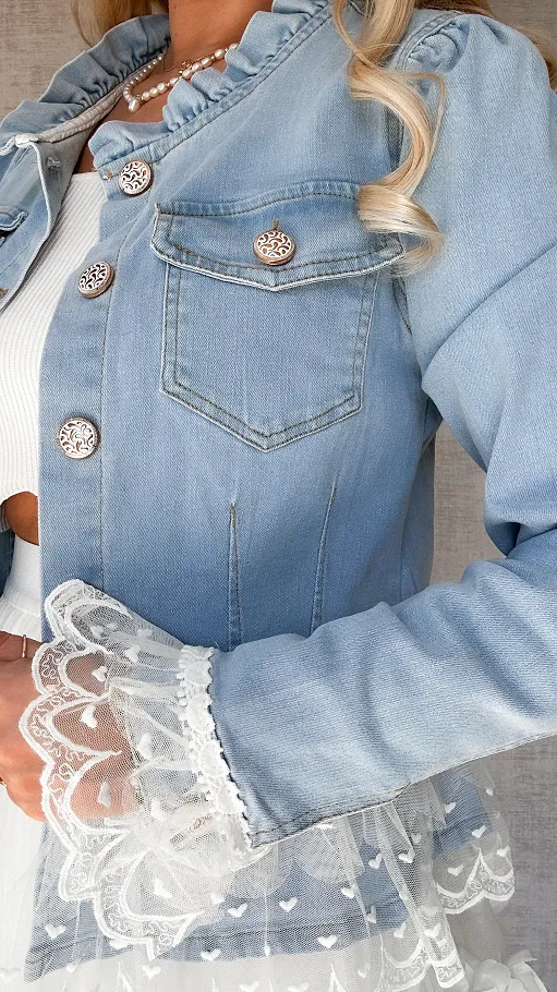 Unikatowa jeansowa katana BLUE JEANS z białą koronką - P581