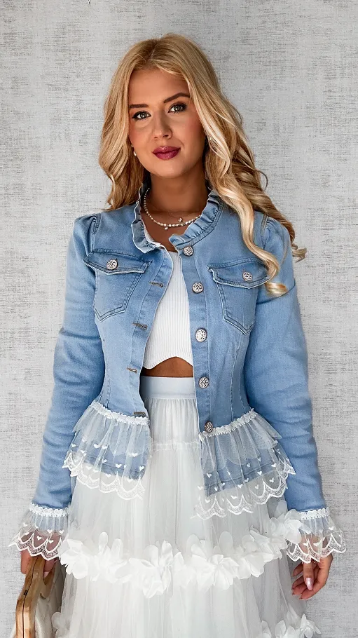 Unikatowa jeansowa katana BLUE JEANS z białą koronką - P581
