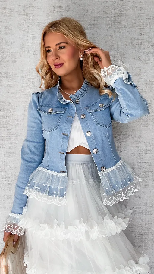 Unikatowa jeansowa katana BLUE JEANS z białą koronką - P581