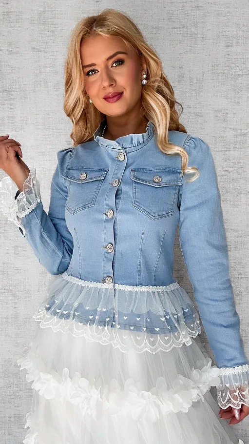 Unikatowa jeansowa katana BLUE JEANS z białą koronką - P581