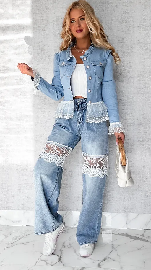 Unikatowa jeansowa katana BLUE JEANS z białą koronką - P581