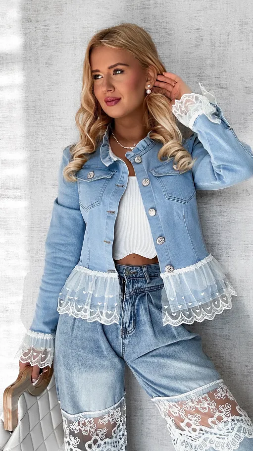 Unikatowa jeansowa katana BLUE JEANS z białą koronką - P581