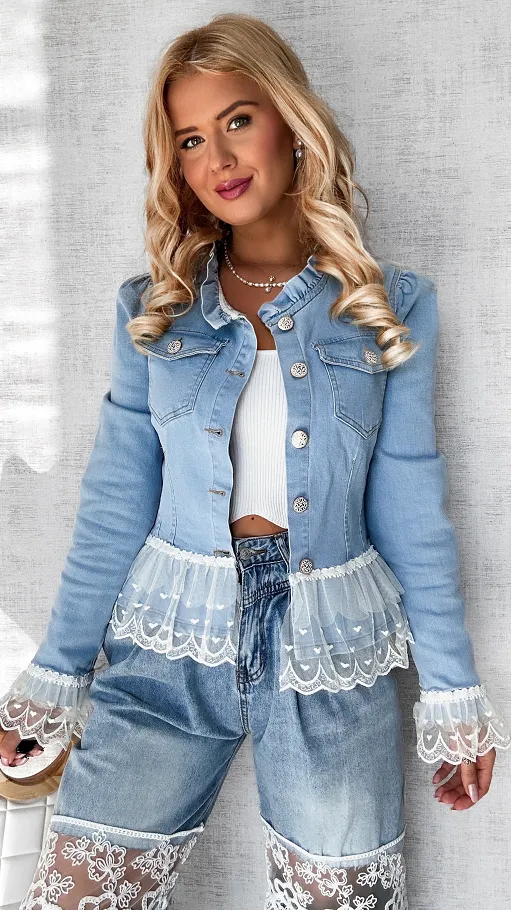 Unikatowa jeansowa katana BLUE JEANS z białą koronką - P581