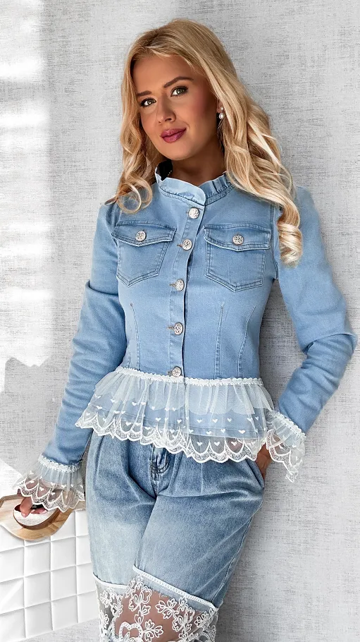 Unikatowa jeansowa katana BLUE JEANS z białą koronką - P581