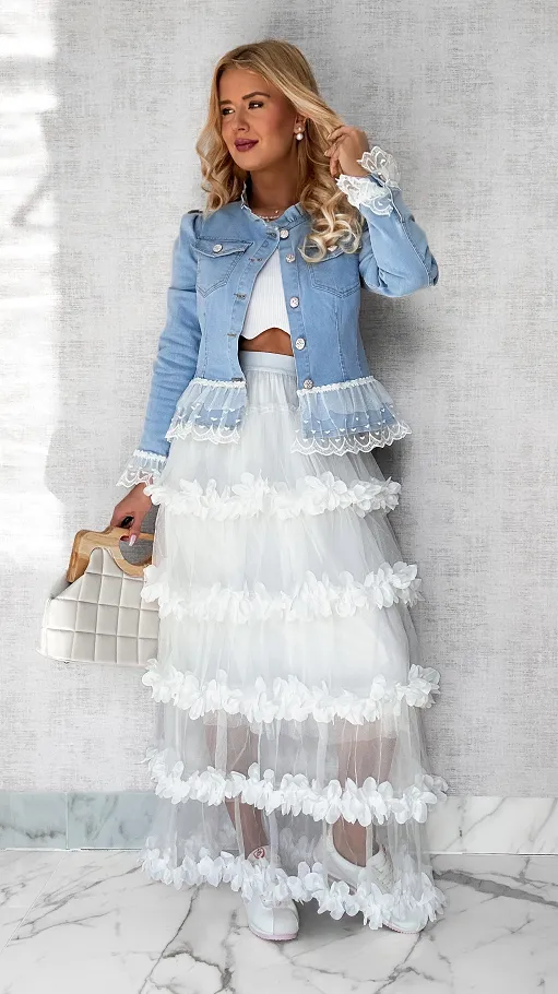 Unikatowa jeansowa katana BLUE JEANS z białą koronką - P581
