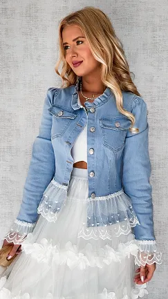 Unikatowa jeansowa katana BLUE JEANS z białą koronką - P581