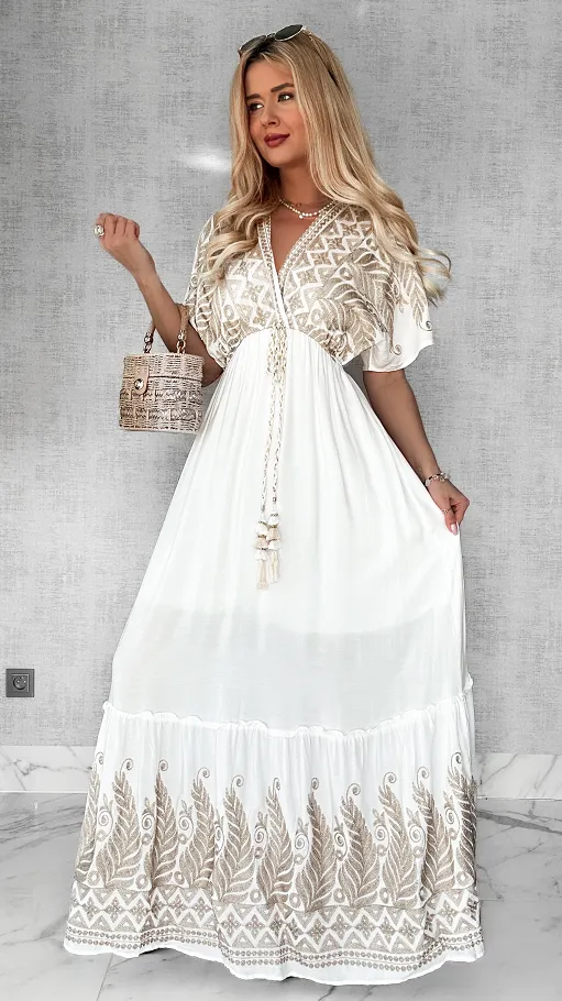 Maxi długa luźna sukienka ze złotymi haftami ONE SIZE - P437