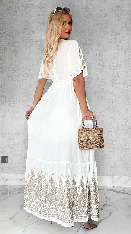 Maxi długa luźna sukienka ze złotymi haftami ONE SIZE - P437