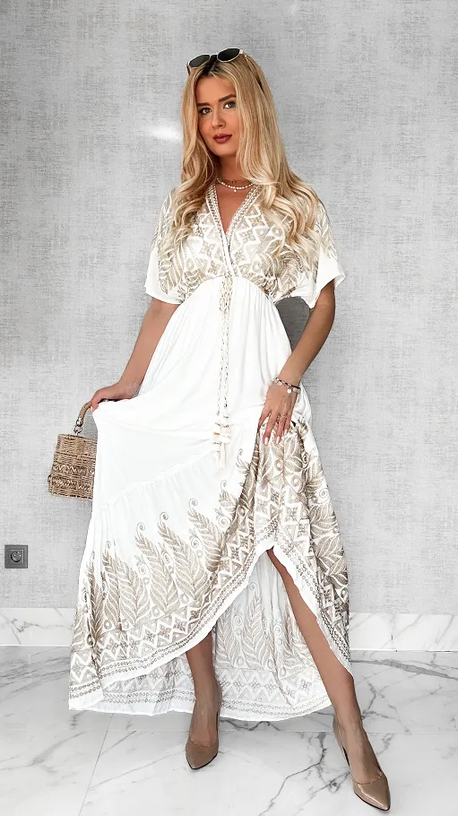 Maxi długa luźna sukienka ze złotymi haftami ONE SIZE - P437