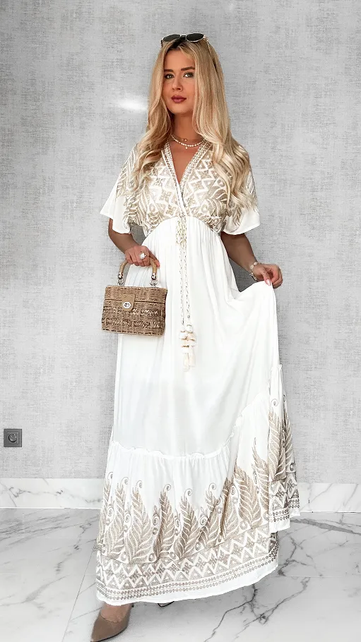 Maxi długa luźna sukienka ze złotymi haftami ONE SIZE - P437