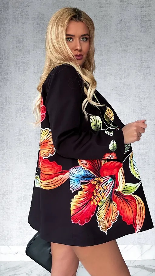 Czarna marynarka OVERSIZE w kolorowe kwiaty - P517A