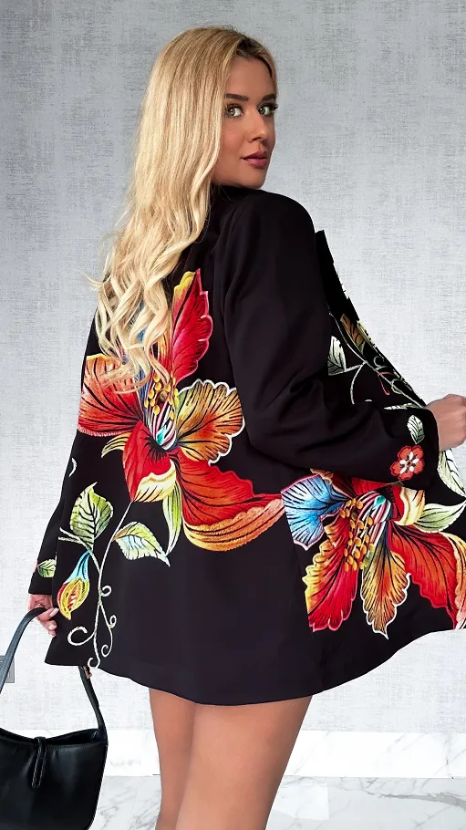 Czarna marynarka OVERSIZE w kolorowe kwiaty - P517A