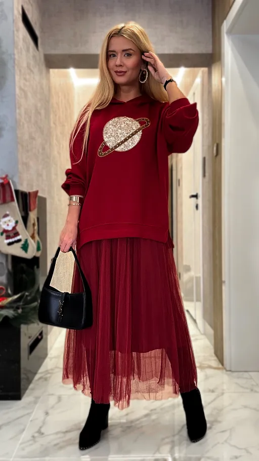 Bordowa bluza z kapturem PLANET one size - P018