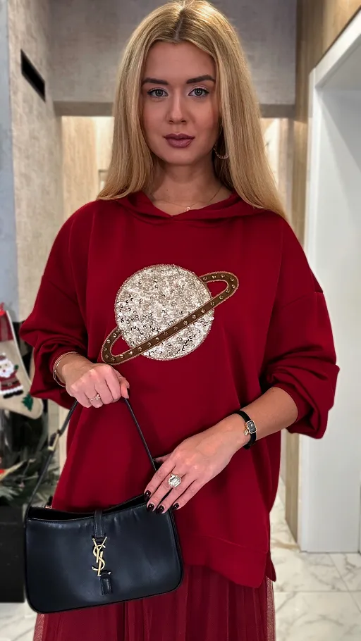 Bordowa bluza z kapturem PLANET one size - P018