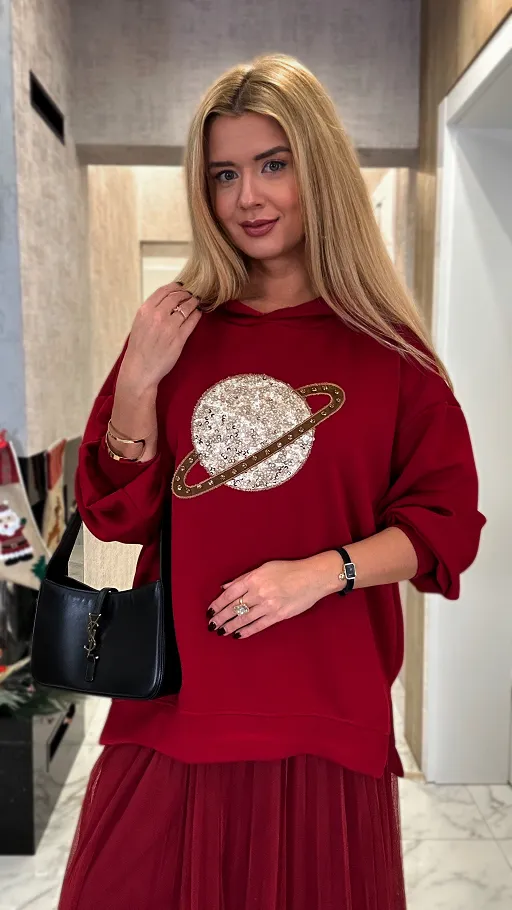 Bordowa bluza z kapturem PLANET one size - P018