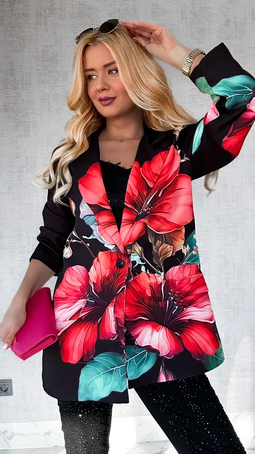 Wiosenna marynarka w duże kwiaty OVERSIZE czarna - P434