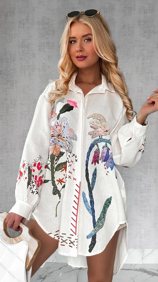 Asymetryczna lniana koszula w polne kwiaty OVERSIZE ecru - P326
