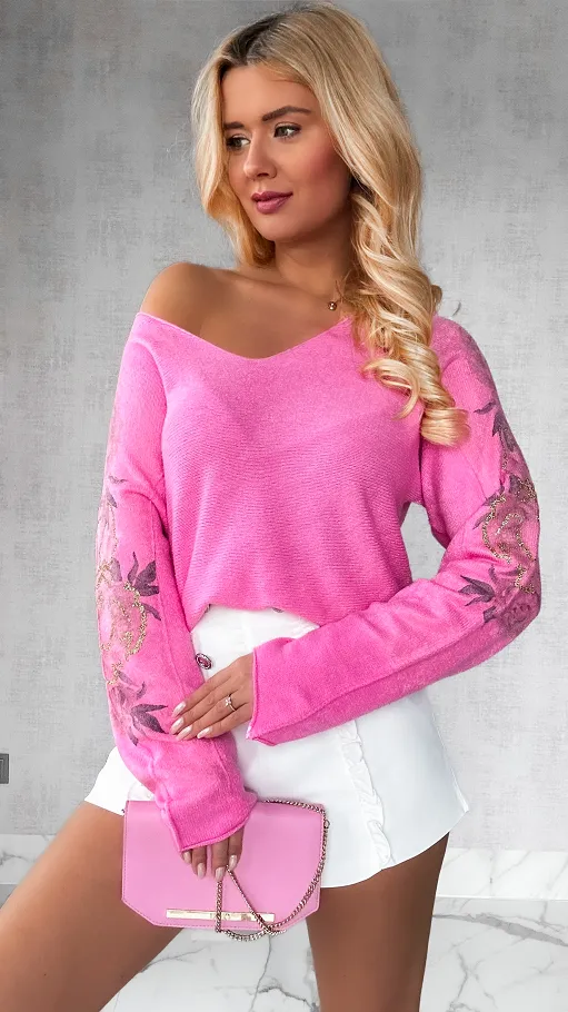 Wiosenny sweterek z wiskozy zdobione rękawy PINK - P293A