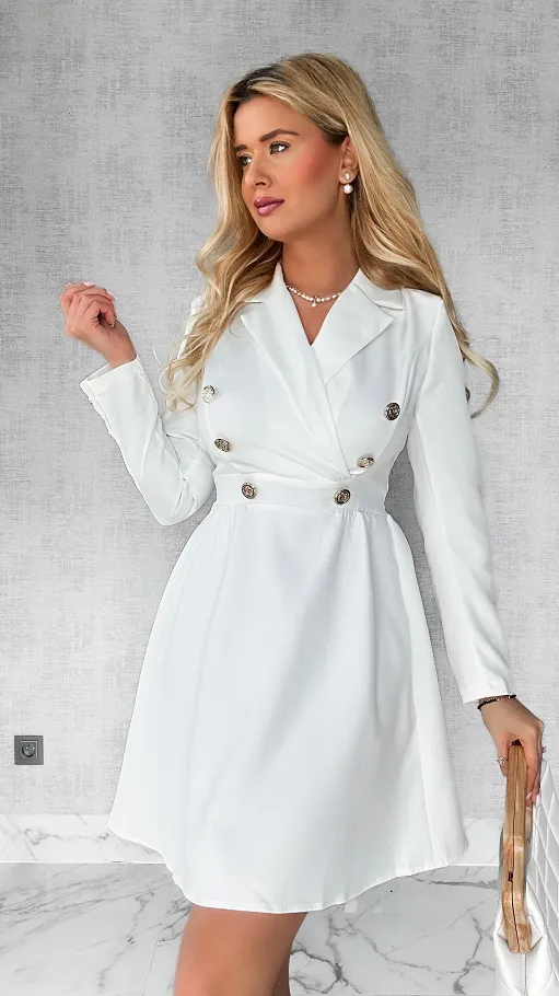 Elegancka biała sukienka ze złotymi guzikami - P592A