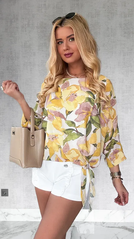Bluzka w żółte kwiaty z bocznym wiązaniem ONE SIZE - P447