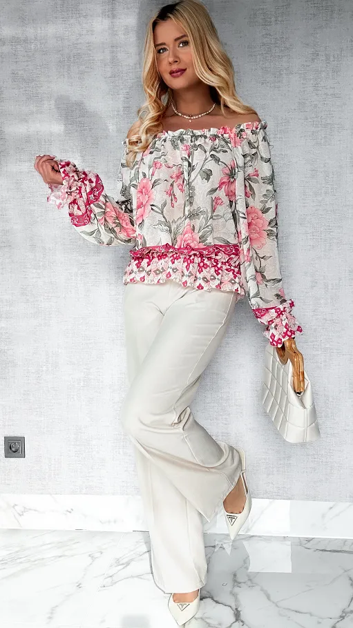 Zwiewna bluzka hiszpanka w kwiaty z gumkami ONE SIZE - P500