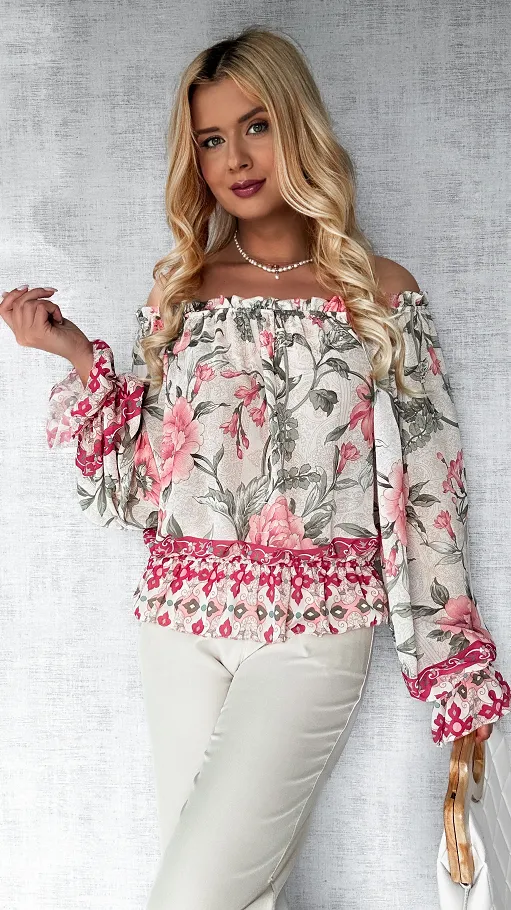 Zwiewna bluzka hiszpanka w kwiaty z gumkami ONE SIZE - P500