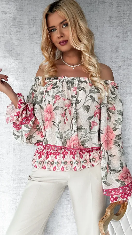 Zwiewna bluzka hiszpanka w kwiaty z gumkami ONE SIZE - P500