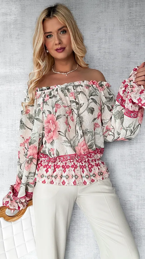 Zwiewna bluzka hiszpanka w kwiaty z gumkami ONE SIZE - P500