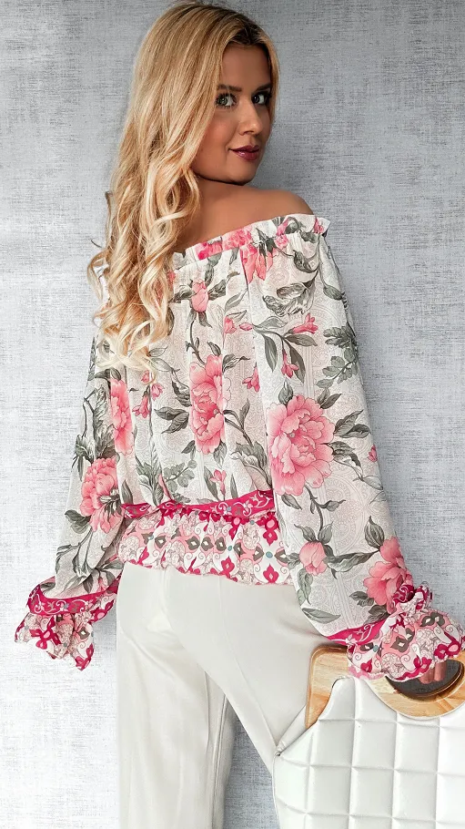 Zwiewna bluzka hiszpanka w kwiaty z gumkami ONE SIZE - P500