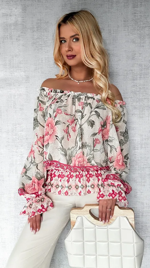 Zwiewna bluzka hiszpanka w kwiaty z gumkami ONE SIZE - P500