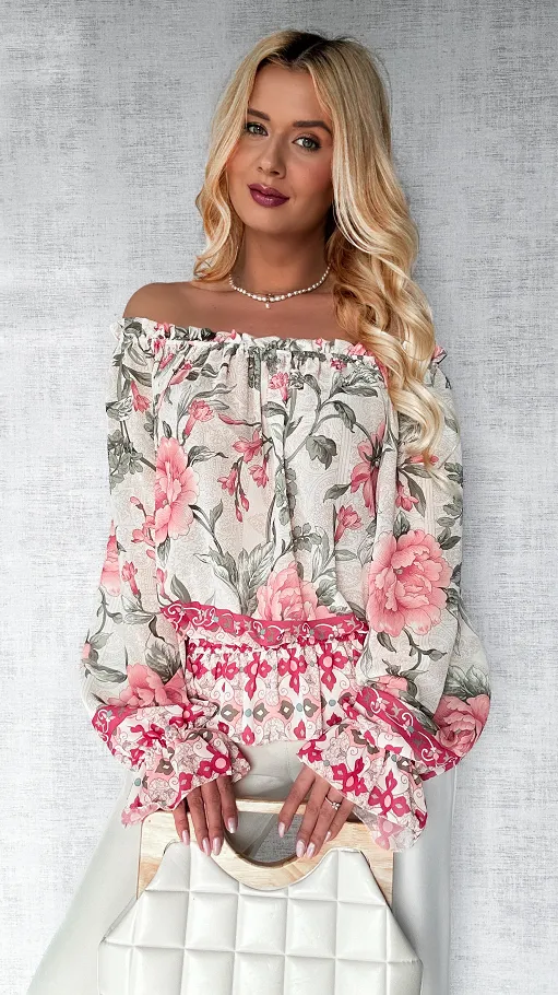Zwiewna bluzka hiszpanka w kwiaty z gumkami ONE SIZE - P500