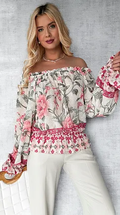 Zwiewna bluzka hiszpanka w kwiaty z gumkami ONE SIZE - P500