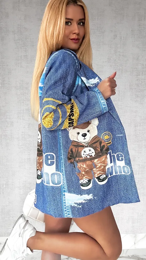 Luźna marynarka z misiem OVERSIZE imitacja jeansu - P429