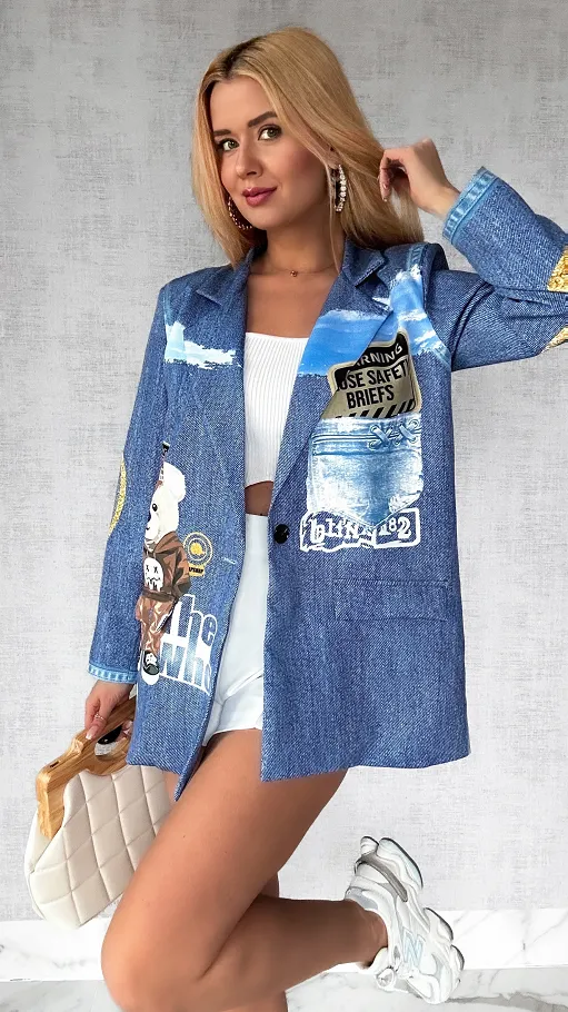 Luźna marynarka z misiem OVERSIZE imitacja jeansu - P429