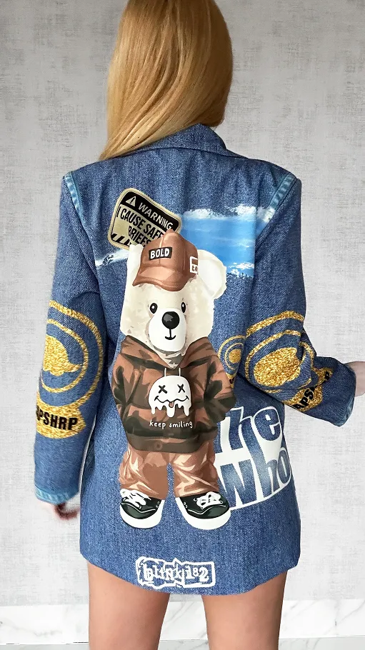 Luźna marynarka z misiem OVERSIZE imitacja jeansu - P429