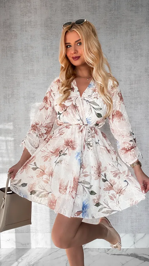 Mini sukienka w BEŻOWO-NIEBIESKIE haftowane i malowane kwiaty ONE SIZE - P441
