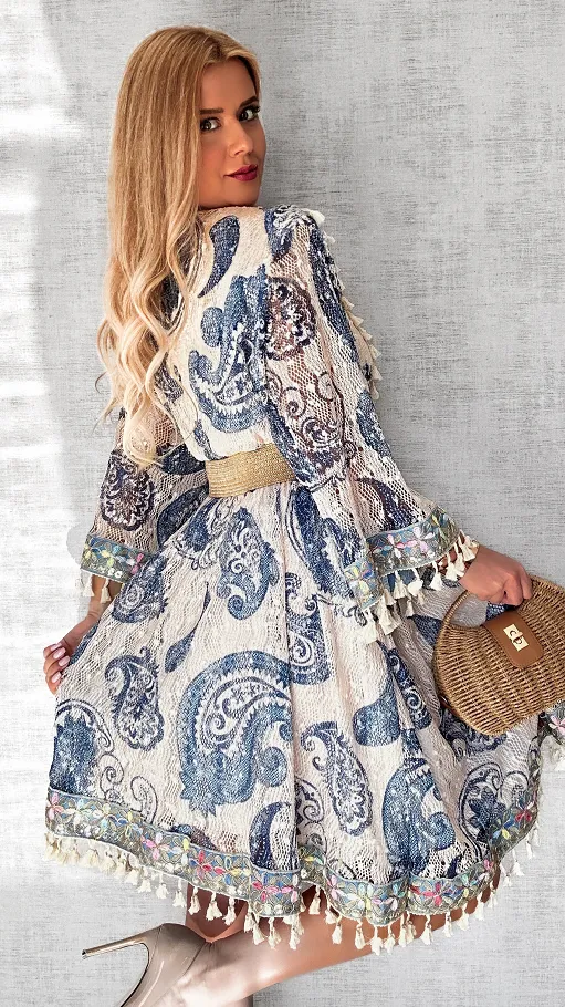 Atrakcyjna BOHO sukienka w niebieskie wzory ONE SIZE - P682