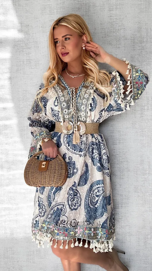 Atrakcyjna BOHO sukienka w niebieskie wzory ONE SIZE - P682