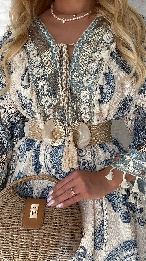 Atrakcyjna BOHO sukienka w niebieskie wzory ONE SIZE - P682