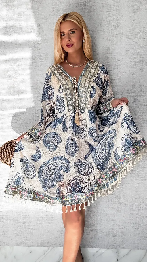 Atrakcyjna BOHO sukienka w niebieskie wzory ONE SIZE - P682