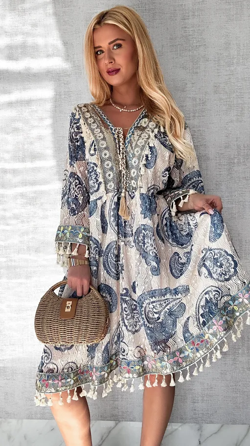 Atrakcyjna BOHO sukienka w niebieskie wzory ONE SIZE - P682