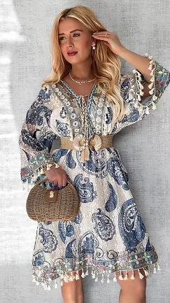 Atrakcyjna BOHO sukienka w niebieskie wzory ONE SIZE - P682