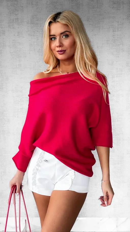 Lekki asymetryczny sweter ONE SIZE koralowy - P474B