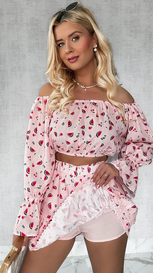 Bawełniany różowy komplet w owoce bluzka TOP + spódnico-spodenki - P547