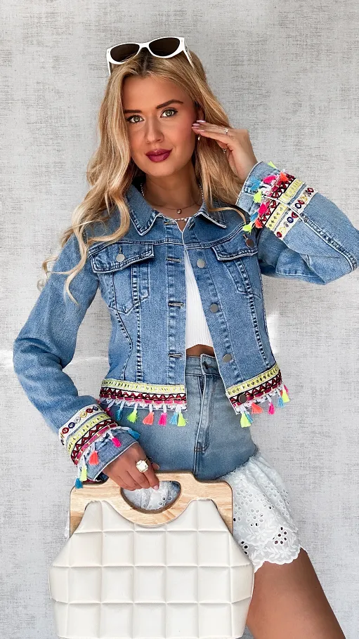 Śliczna jeansowa katana BLUE JEANS z kolorowymi frędzelkami - P709