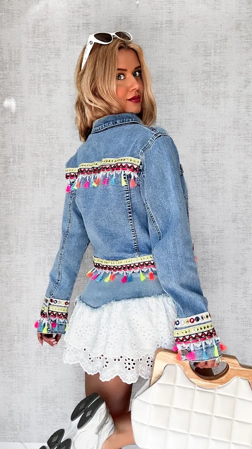 Śliczna jeansowa katana BLUE JEANS z kolorowymi frędzelkami - P709