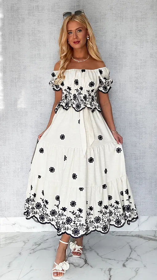 Ekskluzywny komplet ECRU bluzka hiszpanka + spódnica ONE SIZE - P629